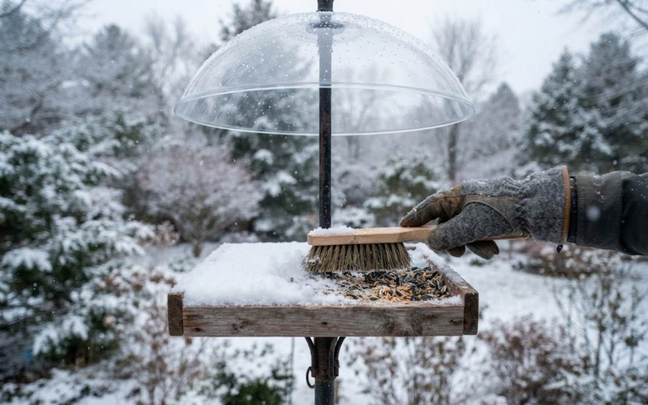 A raw, unedited backyard photo of a gloved hand brushing a fresh layer of winter snow off a cedar tray bird feeder to reveal dry sunflower seeds underneath.