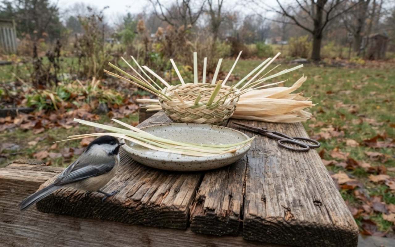 A raw, unedited backyard project photo of a partially woven native corn husk basket on a wooden outdoor workbench next to soaking husks, scissors, and a small chickadee.