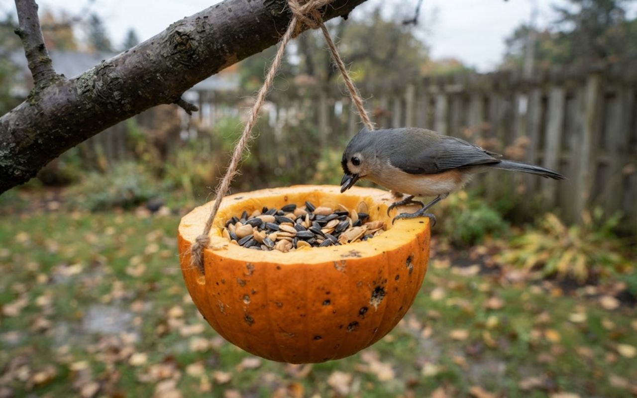 A raw, unedited photo of a sugar pumpkin cut in half and hung as a bird feeder from a tree branch while filled with seeds and a small gray bird on the rim.