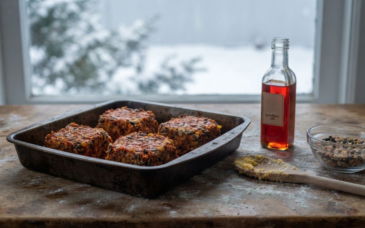 A raw, unedited kitchen photo of reddish-orange hot pepper suet cakes on a metal sheet pan next to a bottle of chili oil and bird seed on a wooden counter.