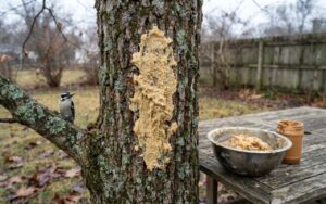 A raw, unedited backyard photo of thick homemade suet bark butter spread into the deep fissures of an oak tree trunk next to a downy woodpecker on a branch.