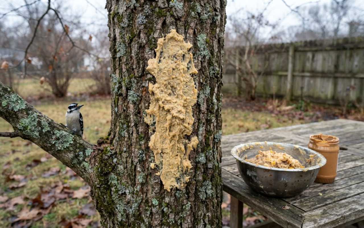 A raw, unedited backyard photo of thick homemade suet bark butter spread into the deep fissures of an oak tree trunk next to a downy woodpecker on a branch.