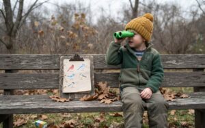 A raw, unedited photo of a child in a winter hat looking through green binoculars next to a birding checklist on a wooden bench on an overcast autumn morning.