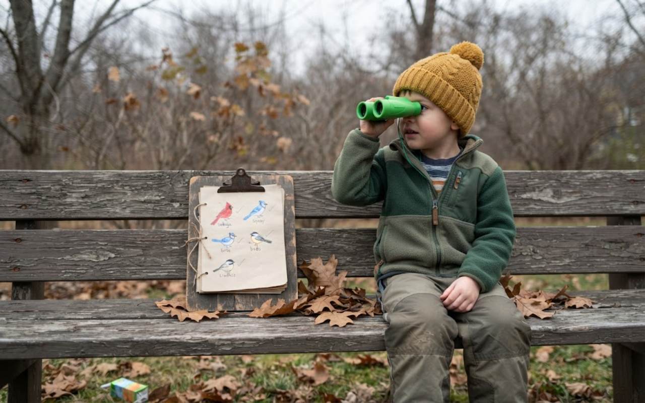 A raw, unedited photo of a child in a winter hat looking through green binoculars next to a birding checklist on a wooden bench on an overcast autumn morning.