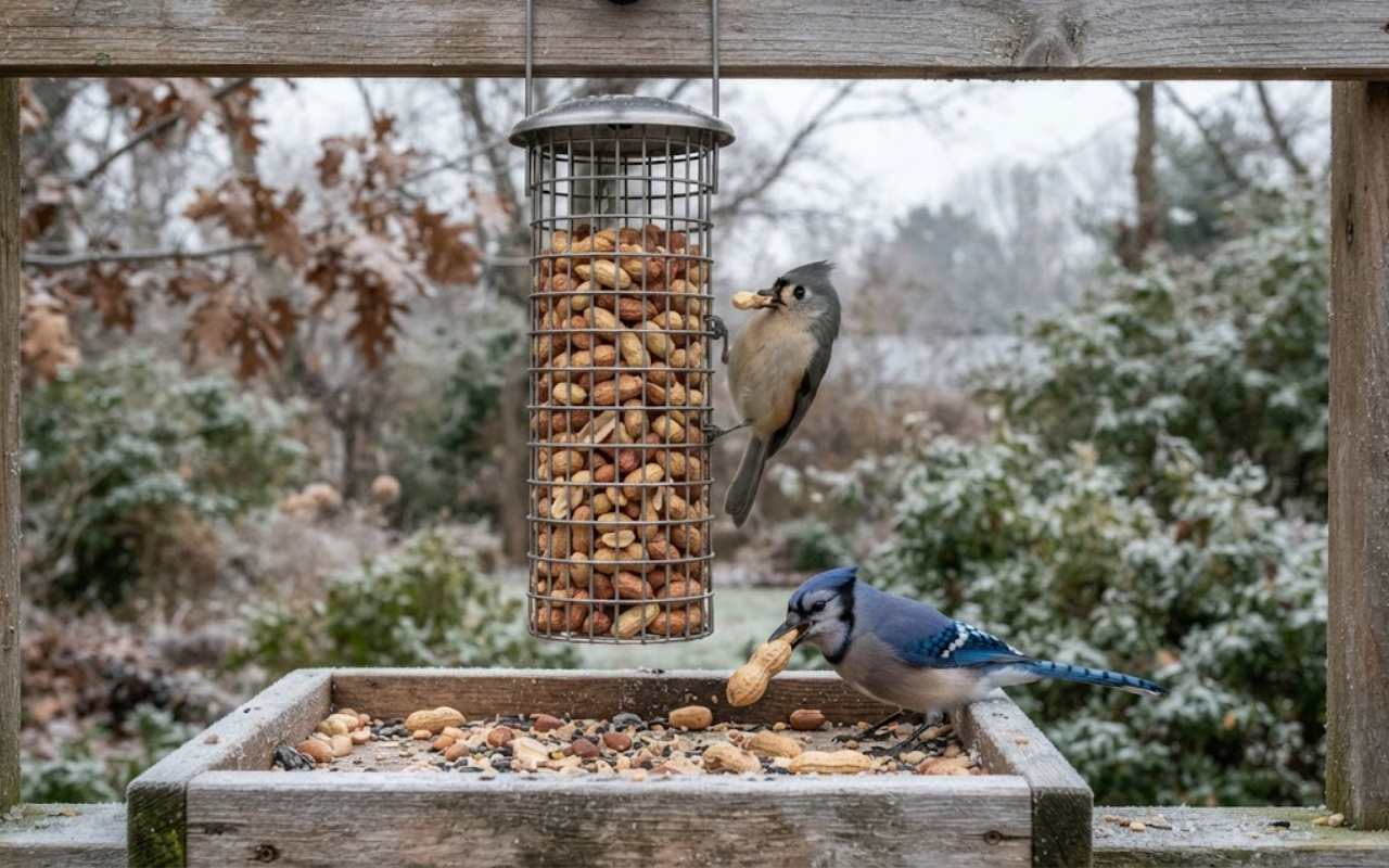 A raw, unedited backyard photo of a tufted titmouse clinging to a wire mesh nut feeder next to a blue jay on a wood tray on a frosty winter morning.