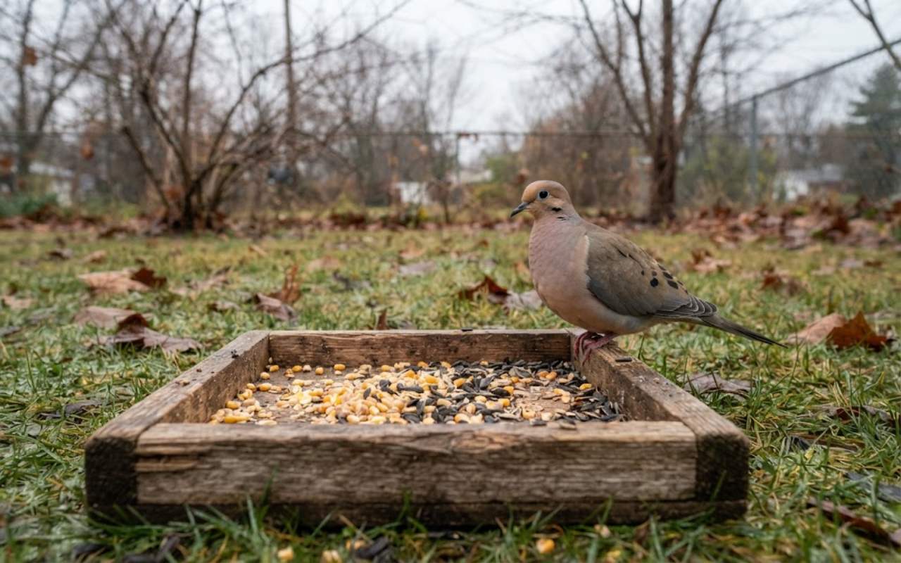 A raw, unedited photo of a low wooden platform tray filled with cracked corn and sunflower seeds as a Mourning Dove feeds on an overcast autumn morning.