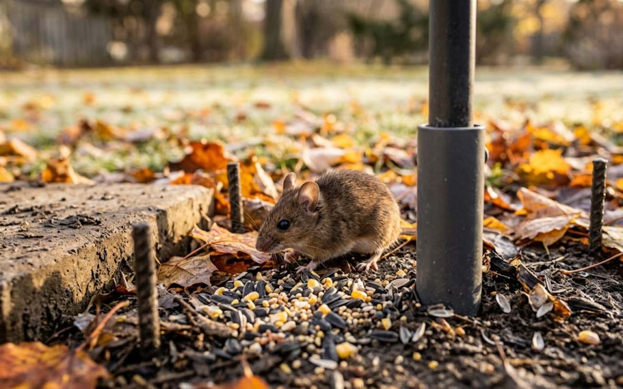 A small brown field mouse with large black eyes and delicate whiskers sniffs a scattered pile of black oil sunflower seeds, millet, and cracked corn on the ground amongst damp autumn leaves under a bird feeder.