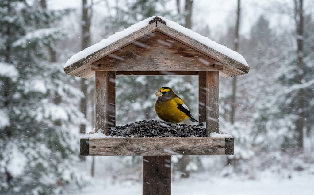 A raw, unedited backyard photo of a chunky Evening Grosbeak perched inside an open-sided cedar fly-through bird feeder during a heavy winter snowstorm.