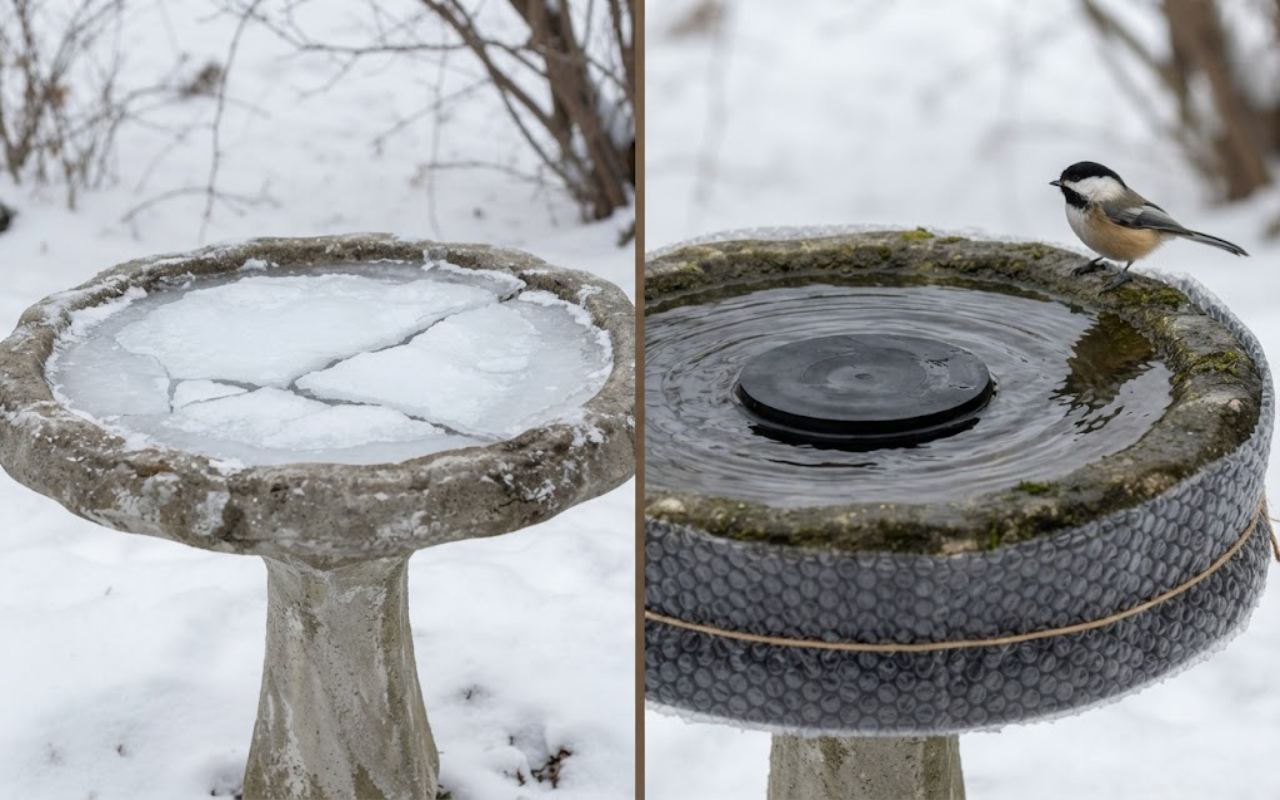 A raw split-screen photo showing a completely frozen solid stone bird bath on the left and a heated bird bath with liquid water and a chickadee on the right.