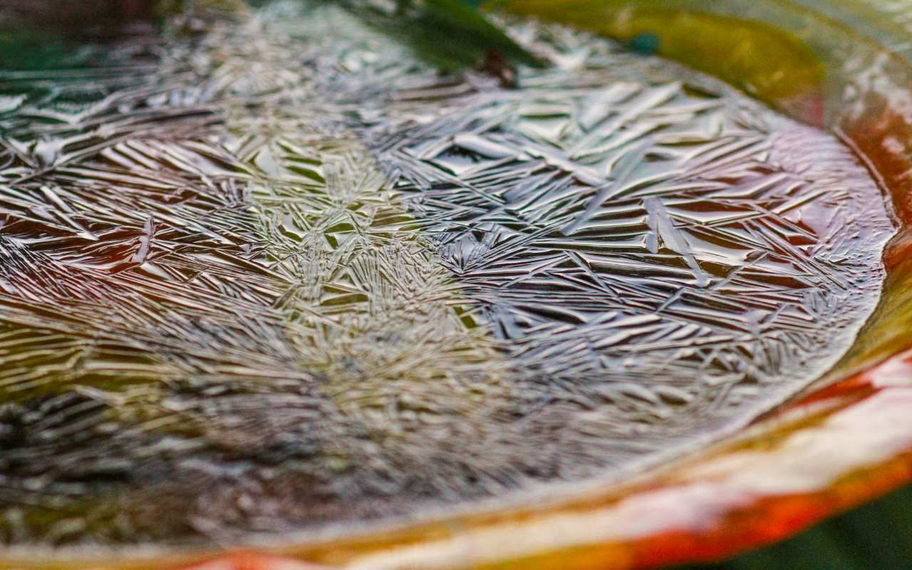 A close-up view of crystalline ice shards frozen solid across the surface of a colorful orange and green ceramic bird bath basin on a freezing winter day.