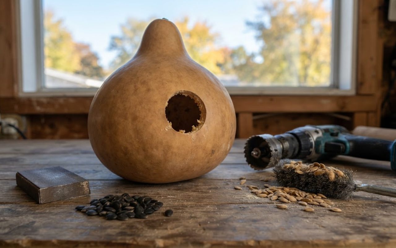 A raw, unedited workshop photo of a dried tan bottle gourd being crafted into a birdhouse next to a hand drill, a wire brush, and loose seeds on a wooden workbench.