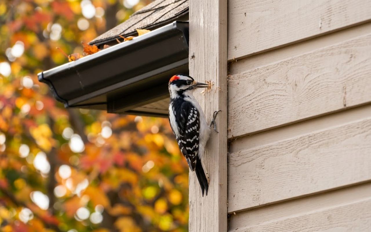 A black and white male Hairy Woodpecker with a red patch on its head clings vertically to a wooden corner trim board of a house with beige siding next to a black gutter filled with autumn leaves.