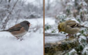 A side-by-side comparison photo showing a Dark-eyed Junco scooping up snow on the left split and a goldfinch drinking fluid from a heated basin on the right split.