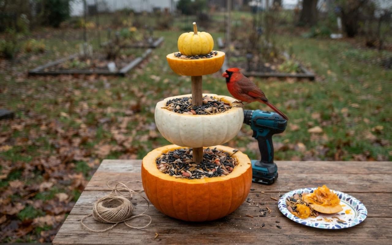 A raw, unedited backyard project photo of a three-tiered pumpkin feeder tower filled with bird seed on a wooden outdoor workbench next to twine and a male Northern Cardinal.