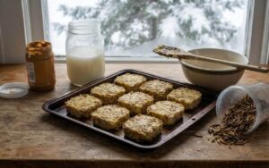 A raw, unedited kitchen photo of unbaked square insect suet blocks on a metal sheet pan next to a jar of white beef tallow and dried mealworms on a wooden counter.