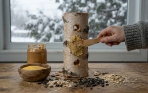A raw, unedited kitchen photo of a wooden birch log feeder being packed with yellow cornmeal and peanut butter suet dough on a rustic counter on a snowy winter morning.