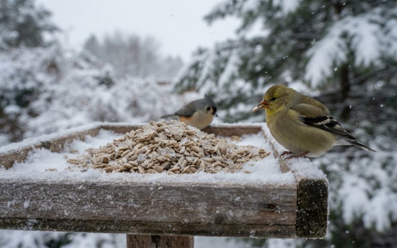 A raw, unedited backyard photo of an American Goldfinch eating pre-shelled sunflower chips on a snow-dusted platform feeder on a freezing winter morning.
