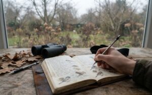 A raw, unedited photo of an open paper notebook filled with handwritten birding logs next to binoculars on a wood table on an overcast autumn morning.