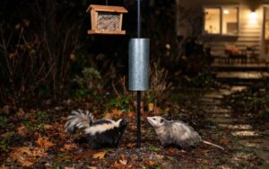 A striped skunk and a Virginia opossum stand on a lawn covered in fallen leaves at night, looking up toward a cedar bird feeder mounted high on a black pole with a silver stovepipe baffle.