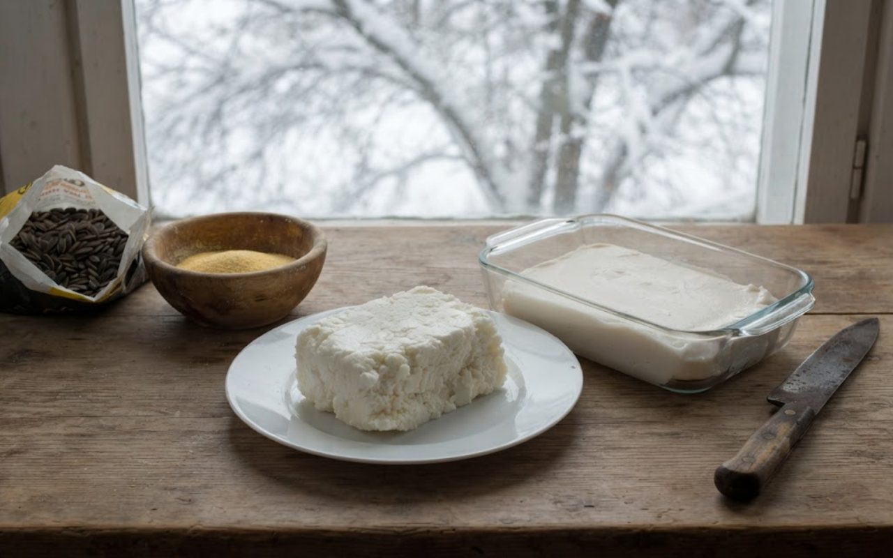 A raw, unedited kitchen photo of a crumbly block of raw white beef suet next to a smooth block of rendered pork lard on a wooden counter on a snowy morning.