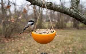 A raw, unedited photo of a hollowed orange peel cup filled with suet seed mix and hung from a branch by natural jute twine while a chickadee feeds on the rim.