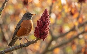 A close-up view of an American Robin perched on a branch next to a large crimson staghorn sumac berry cluster on a sunny autumn morning.