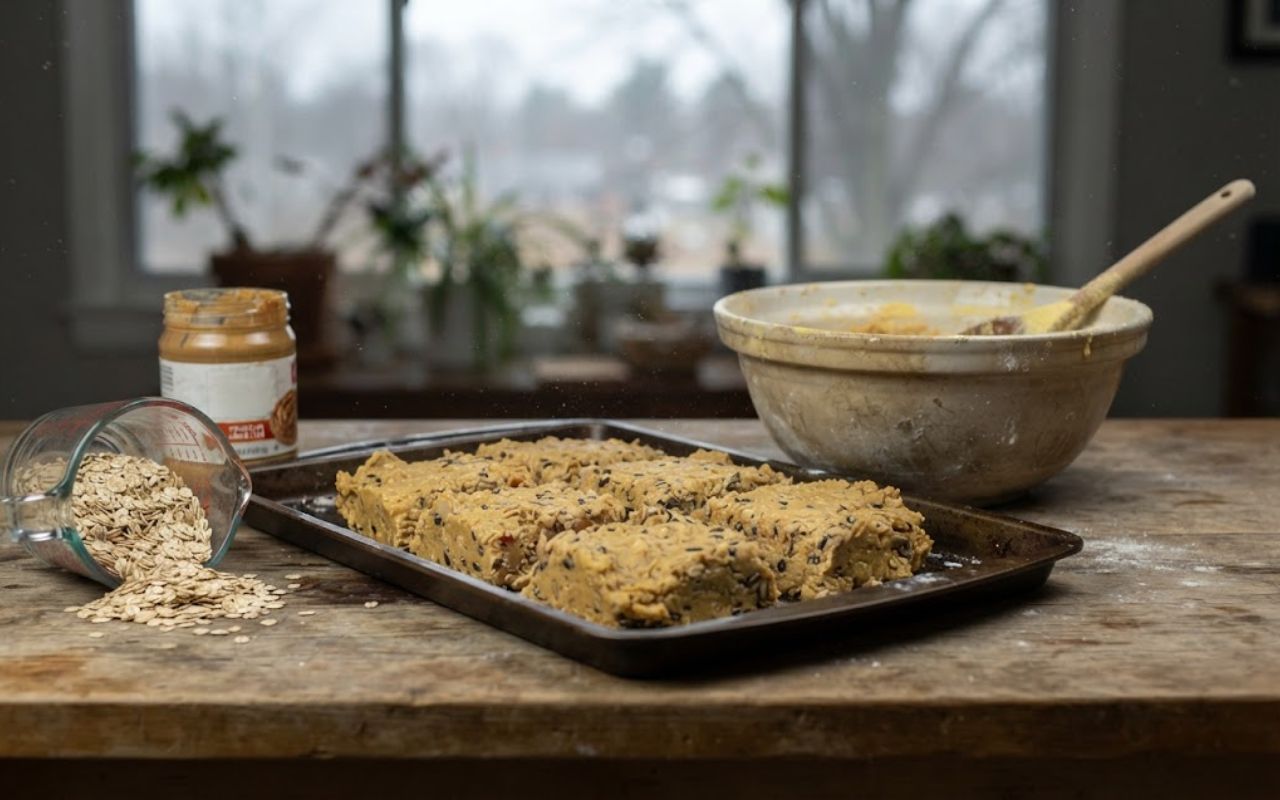 A raw, unedited kitchen photo of dense, unbaked square peanut butter suet alternative blocks on a metal sheet pan next to bowls of raw oats and cornmeal.