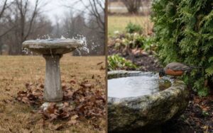 A raw split-screen photo showing an exposed bird bath losing water to the wind on the left and a sheltered bird bath next to a cedar hedge with a robin on the right.