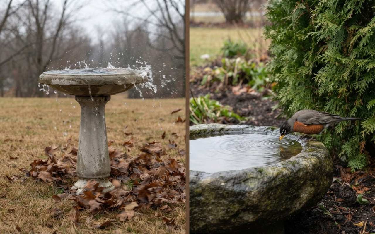 A raw split-screen photo showing an exposed bird bath losing water to the wind on the left and a sheltered bird bath next to a cedar hedge with a robin on the right.