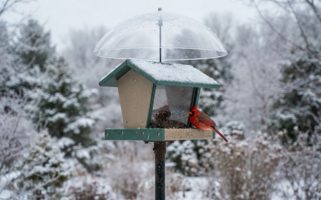 A raw, unedited backyard photo of a red Northern Cardinal perched on a clean recycled plastic hopper feeder protected by a wide overhead snow dome baffle on a freezing morning.