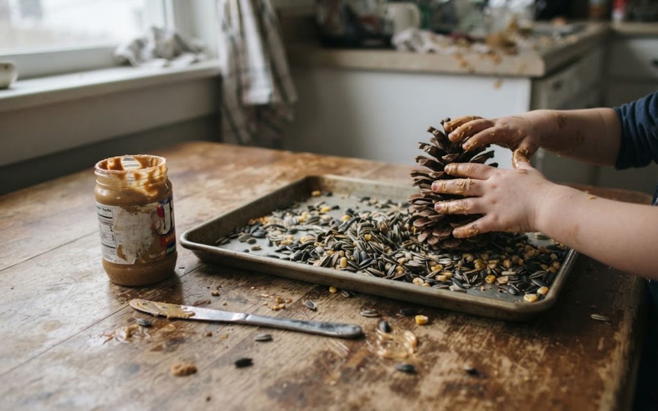 A raw, unedited photo of a wooden kitchen table where children's hands are rolling a large pinecone in sunflower seeds next to a messy jar of peanut butter.