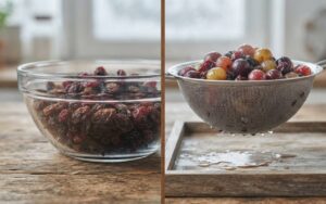 A side-by-side comparison photo showing dry shriveled raisins in a glass bowl on the left split and plump, rehydrated winter berries in a steel strainer on the right split.