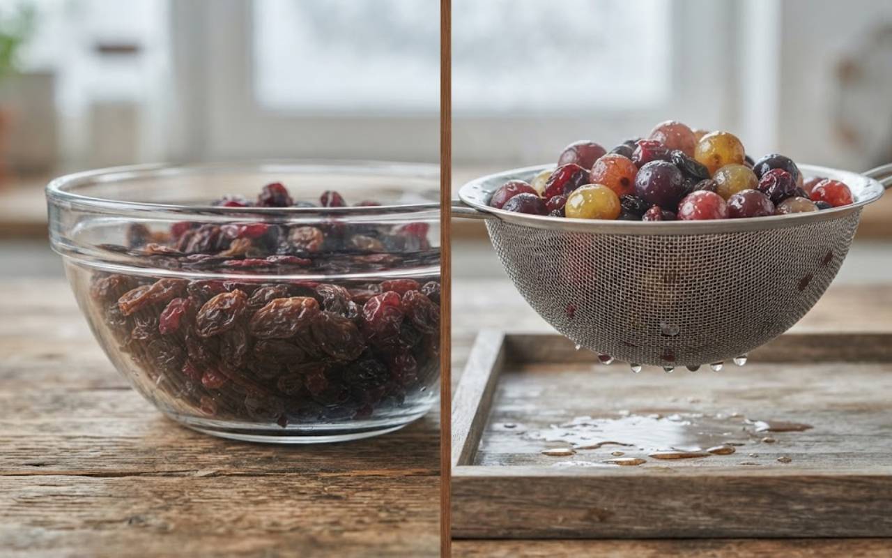 A side-by-side comparison photo showing dry shriveled raisins in a glass bowl on the left split and plump, rehydrated winter berries in a steel strainer on the right split.