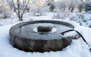 A close-up view of a circular metal bird bath de-icer disc sitting submerged inside a stone basin, weighted down with a single round river rock on a snowy winter morning.