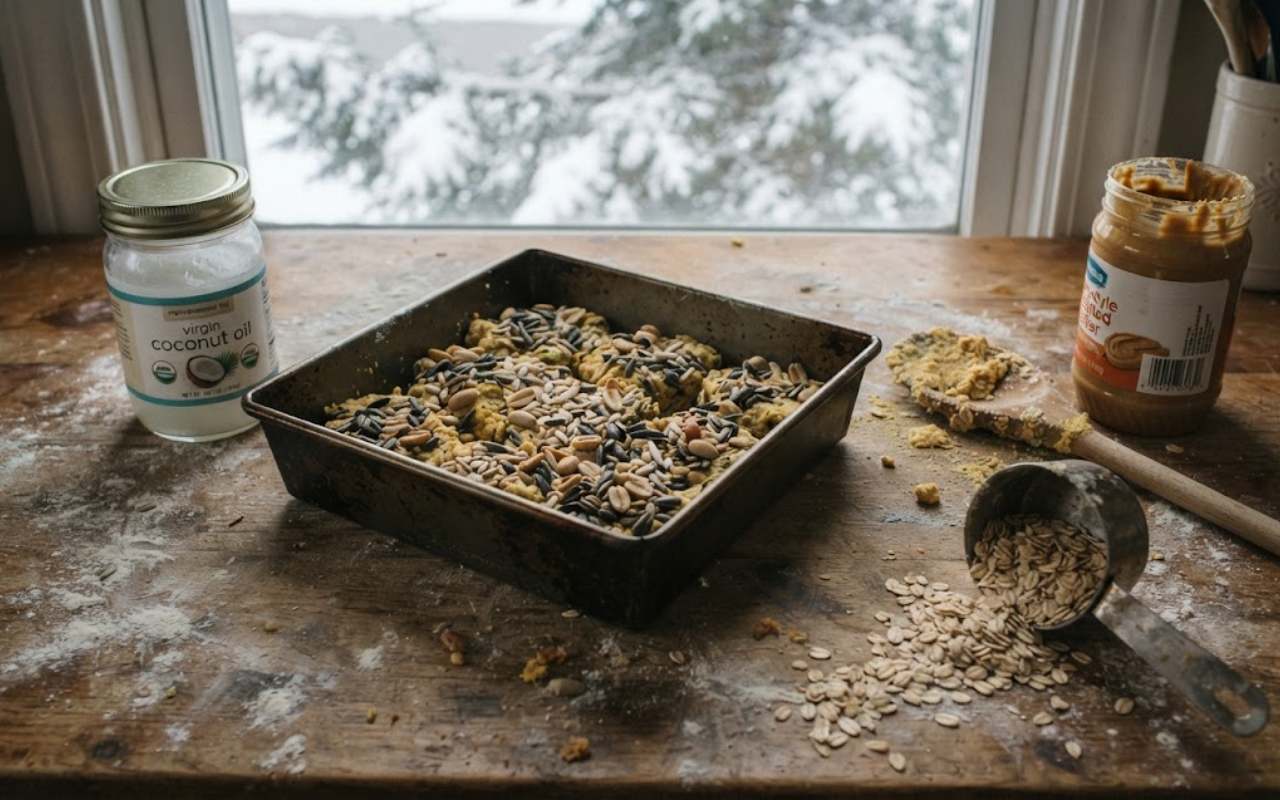A raw, unedited kitchen photo of unbaked square vegan suet blocks on a metal sheet pan next to a jar of virgin coconut oil and rolled oats on a wooden counter.