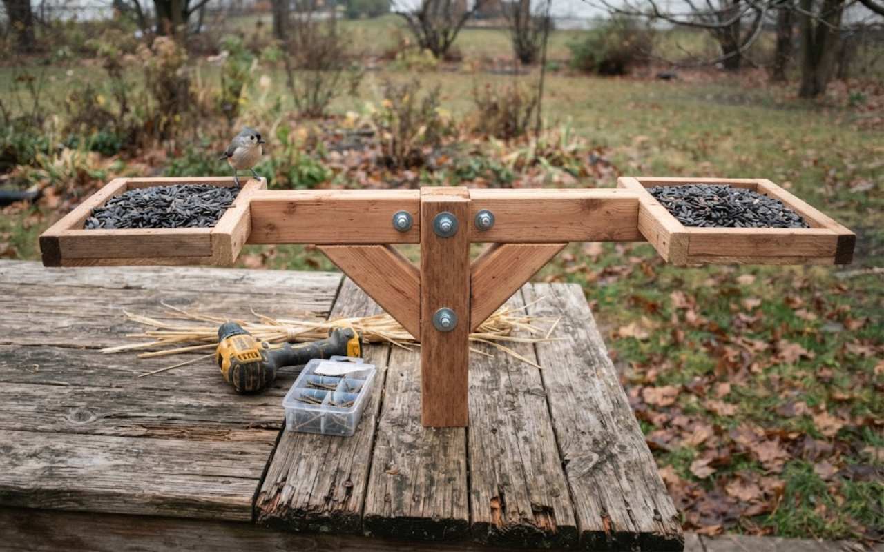 A raw, unedited backyard project photo of a wooden scarecrow frame with structural platform feeder arms on a cedar workbench next to a drill and a tufted titmouse.