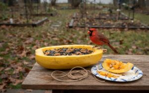 A raw, unedited backyard project photo of a halved yellow spaghetti squash filled with sunflower seeds on a wood workbench next to jute twine and a male Northern Cardinal.