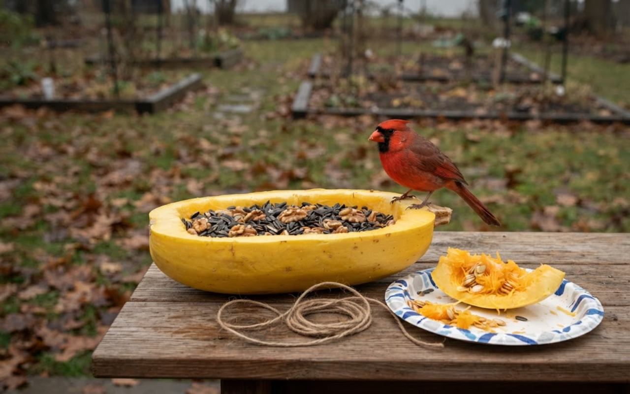 A raw, unedited backyard project photo of a halved yellow spaghetti squash filled with sunflower seeds on a wood workbench next to jute twine and a male Northern Cardinal.