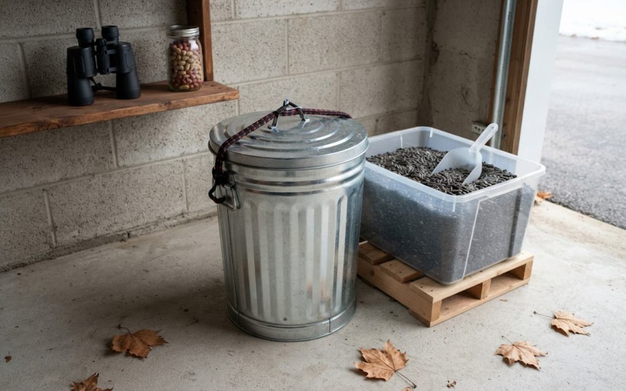 A raw, unedited photo of a galvanized steel trash bin and a clear airtight plastic container filled with black oil sunflower seeds on a garage floor.