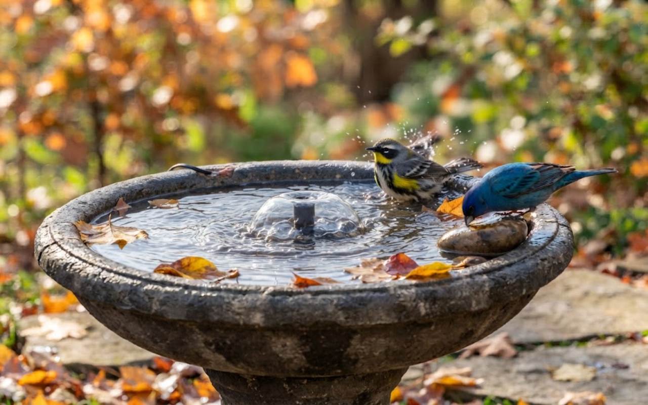A stone bird bath with a submerged center bubbler pump creating a dome of moving water while a yellow-rumped warbler splashes and an indigo bunting drinks on a sunny autumn morning.