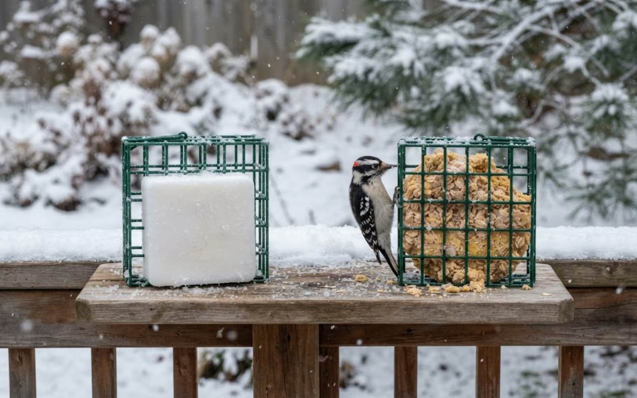 A raw, unedited backyard photo of a Downy Woodpecker clinging to a wire cage containing crumbly suet dough next to a frozen tallow block on a snowy deck railing.