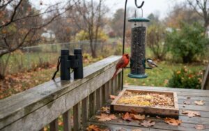 A raw, unedited photo of a backyard bird feeding station during autumn, featuring a tube feeder filled with sunflower seeds as a cardinal and chickadee feed next to damp fallen leaves.