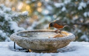 A raw, unedited backyard photo of an Eastern Bluebird drinking from a frost-free, heated stone bird bath surrounded by snow-covered cedar branches.