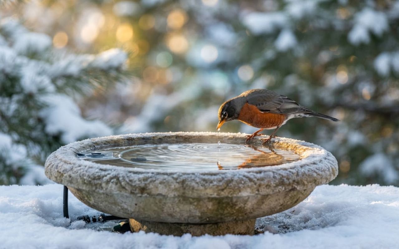 A raw, unedited backyard photo of an Eastern Bluebird drinking from a frost-free, heated stone bird bath surrounded by snow-covered cedar branches.